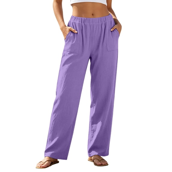 Rhuody Summer Pants For Womens Straight Leg Empire Waist Trousers Flowy Solid Color Lightweight Sport Length Pants With Pockets Durable Everyday Outfit Purple 2Xl