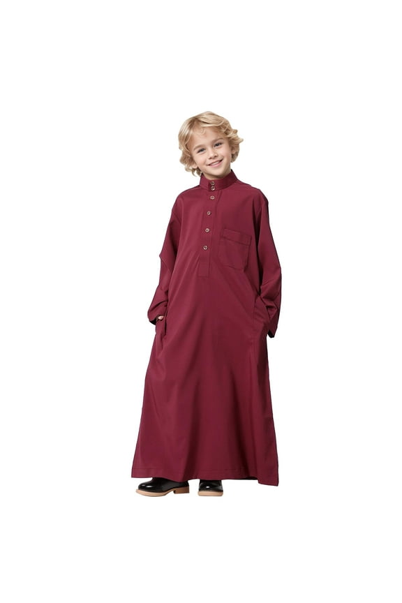Summer Romper For Boys Crewneck Long Sleeve Robe National Romper Teenage Boys Long Sleeve Embroidered Robe Set Arab Robe Relax Fit Clothes Wine 4-5 Years