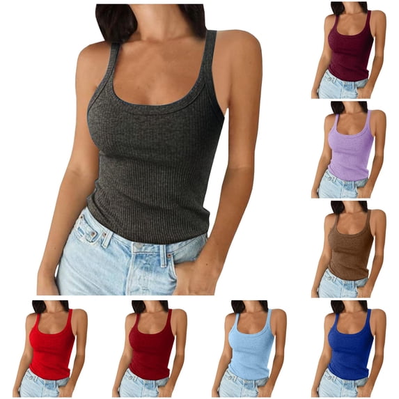 Rhuody Summer Tank Tops For Women Spaghetti Strap Round Neck Ladies Neck Ribbed Slim Fitted Camisole Basic Sleeveless Layering Shirts Elegant Clothes 3Xl Dark Gray