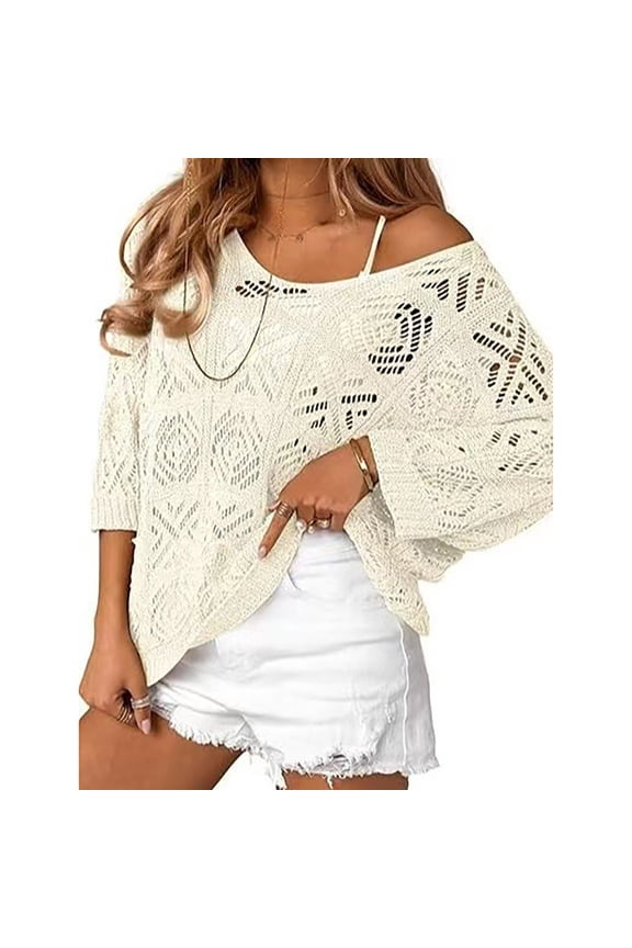 Summer Tops For Womens Crochet Knit Loose Fit Lace Yoke Short Sleeve Pullover T Shirt Spring Blouse Tunic Shirt Round Neck Tee Trend Wear Beige L