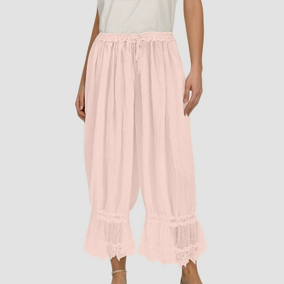 Rhuody Sweat Pants For Womens Straight Leg Lace Up Hollow Out Lace Pajamas With Mid Length Pants High Waist Trousers Retro Clothes L Beige