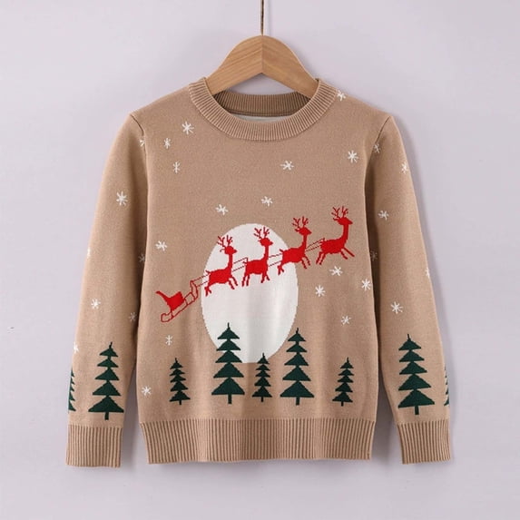 Rhuody Sweater For Boys Christmas Long Sleeve Cartoon Graphic Top Round Neck Sweaters Handsome Wear 7-8 Years Beige