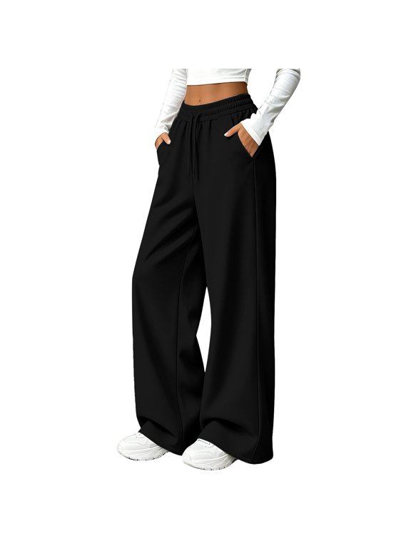 Sweatpants for Women Empire Waist Wide Leg Loose Fit Solid Color Trousers With Pocket Basic Bottoms Black L