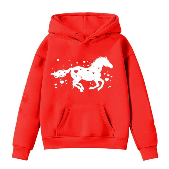 Rhuody Sweatshirt For Girl Kids Horse Print Long Sleeve Hoodies Autumn Winter Crewneck Pullover Sweatshirt Lovely Tops Red 6-7 Years