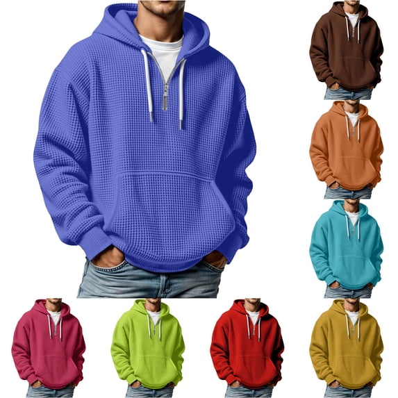 Rhuody Sweatshirt For Mens Long Sleeve Solid Color Round Neck Pullover Fleece Hooded Sweatshirt With Pocket S Blue