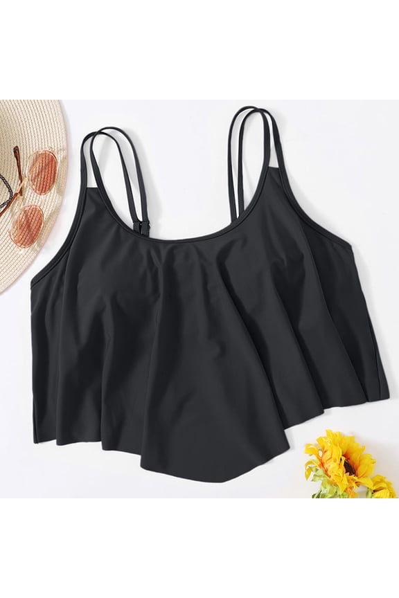Swim Tops Women Bikini Tops Full Coverage Tankini Top Double Layer Swim Bras Flounce Bathing Suit Tops With Ruffled Trend Clothes Black Xl