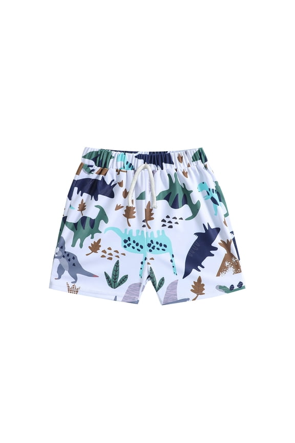 Swimsuit For Boy Cartoon Print Shorts Elastic Waist Beach Swimwear Swimming Trunks Basic Bathing Suits White 2-3 Years