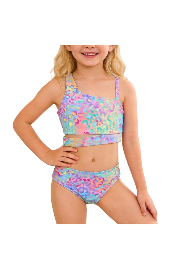 Swimsuit For Girl 8-9 Years Summer Child Leopard Prints Sleeveless Two Piece Swimwear Bikini Relax Fit Ruched Suit Multicolour