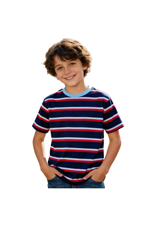 T Shirt For Boys Short Sleeved O Neck Tee Stripe Prints Tops T Shirts Simple Clothes 10-11 Years Red