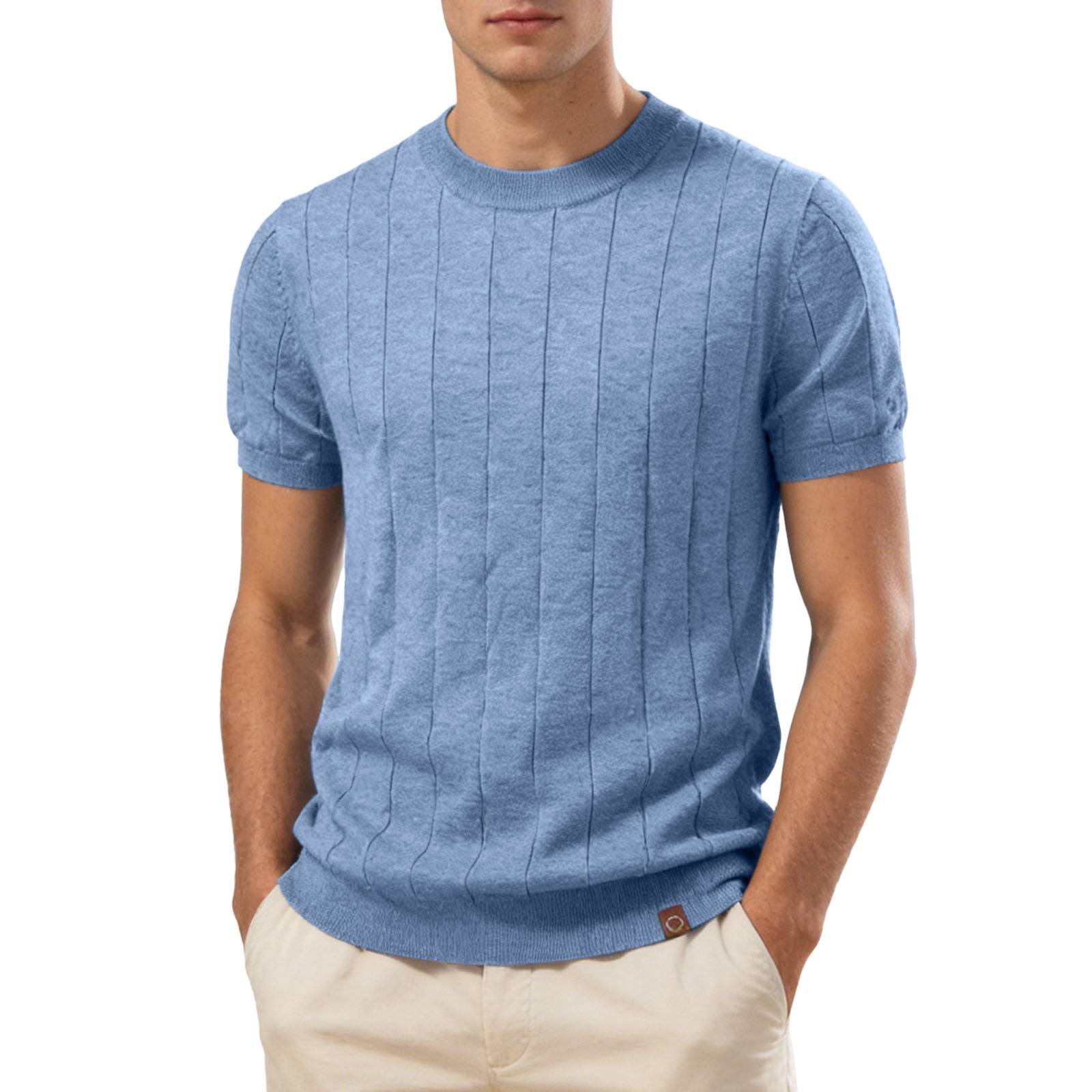 Rhuody T Shirts For Man Adult Referee Shirt V Neck Striped Sweatshirt Short Sleeved Top Casual Clothing Light Blue 2Xl