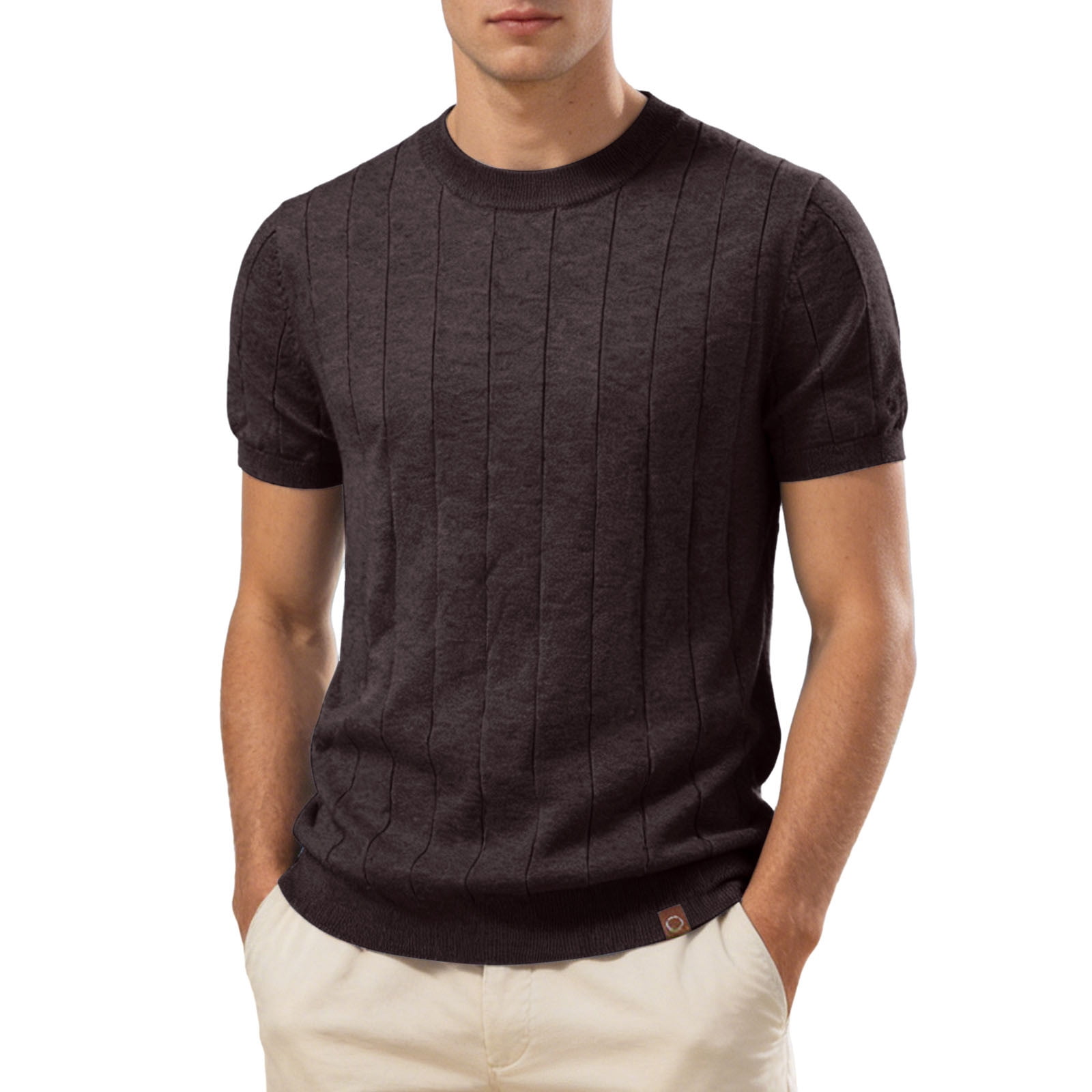 Rhuody T Shirts For Man Adult Referee Shirt V Neck Striped Sweatshirt Short Sleeved Top Charm Clothing Coffee L