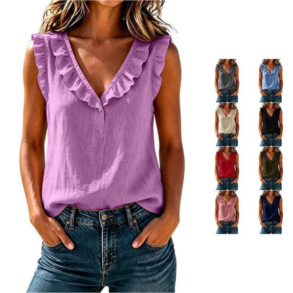 Rhuody T Shirts For Women V Neck Tank Tops Summer Loose Fit Solid Color Ruffle Blouse Wear Light Purple
