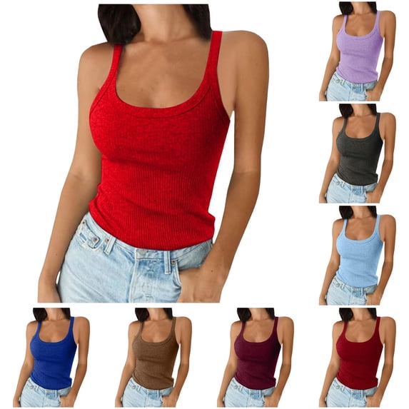 Rhuody Tank Tops For Women Sleeveless Solid Color Spaghetti Strap Neck Slim Fit Camisole Charm Clothes S Red
