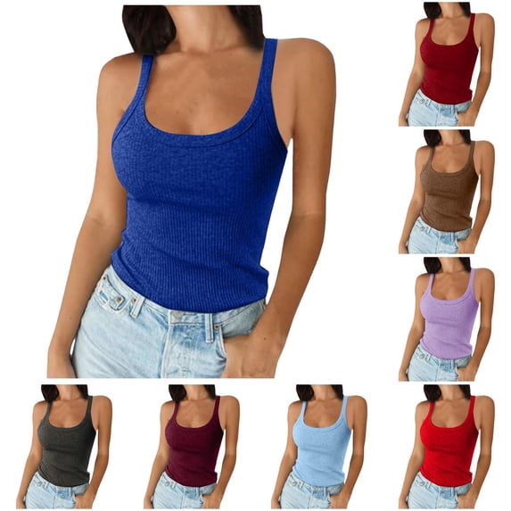 Rhuody Tank Tops For Women Sleeveless Solid Color Spaghetti Strap Neck Slim Fit Camisole Fashion Wear S Blue