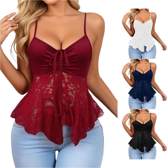 Rhuody Tank Tops For Women Spaghetti Strap V Neck Lace Trim Layering Camisole Sleeveless Ribbed Knit Stretch Basic Tank Top M Red