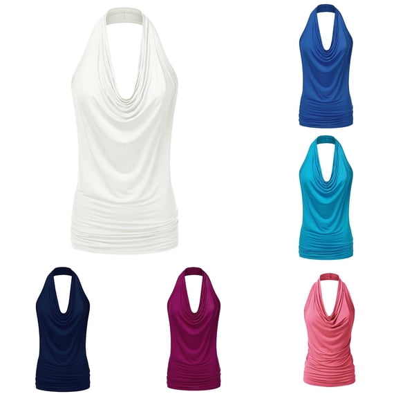 Rhuody Tank Tops Women Halter Neck Top Drape Cowl Neck Ladies Drape Cowl Neck Tank Blouse Backless Sleeveless Vest Elegant Clothes 6Xl White