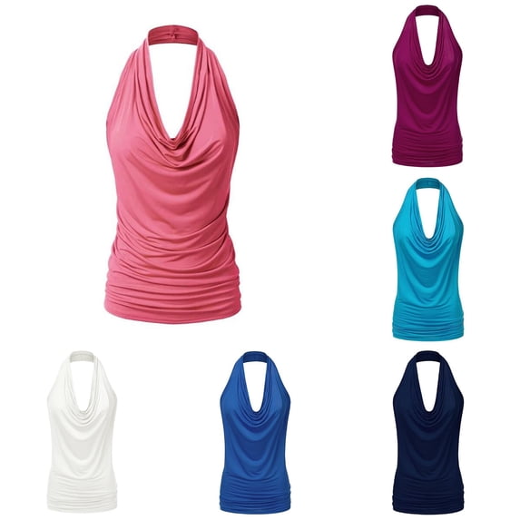Rhuody Tank Tops Women Halter Neck Top Drape Cowl Neck Ladies Drape Cowl Neck Tank Blouse Backless Sleeveless Vest Soft Clothing 3Xl Hot Pink