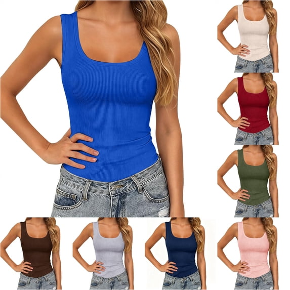 Rhuody Tank Tops Women Ribbed Solid Color Sleeveless Top Lightweight Athletic Tankini Camisole Versatile Clothing 3Xl Blue