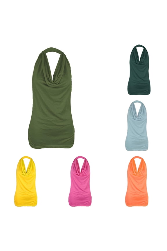 Tank Tops Women Sleeveless Drape Cowl Neck Halter Neck Top Ladies Drape Cowl Neck Tank Blouse Backless Vest Simple Wear 5Xl Green