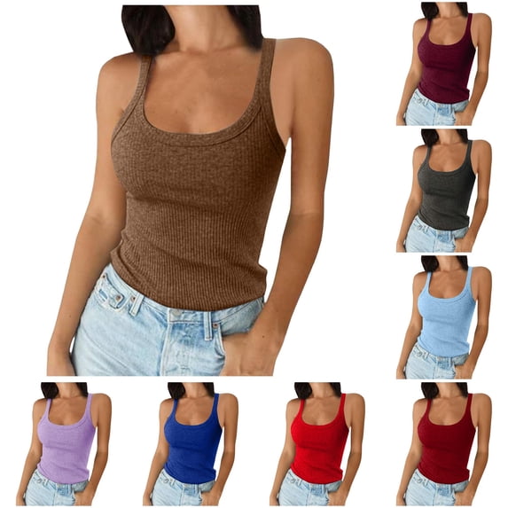 Rhuody Tank Tops For Women Spaghetti Strap Round Neck Ladies Neck Ribbed Slim Fitted Camisole Basic Sleeveless Layering Shirts Versatile Wear 6Xl Coffee