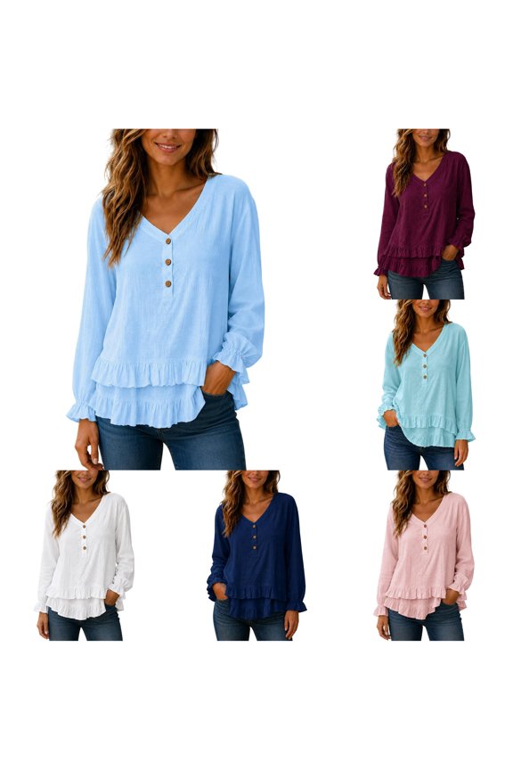 Tee Shirts Womens Long Sleeve Blouse Solid Color V Neck Tunic Top Retro Fall Wear S Sky Blue