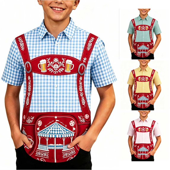 Rhuody Boy Tops Short Sleeve Cartoon Pattern O Neck Blouse 9-10 Years Light Blue