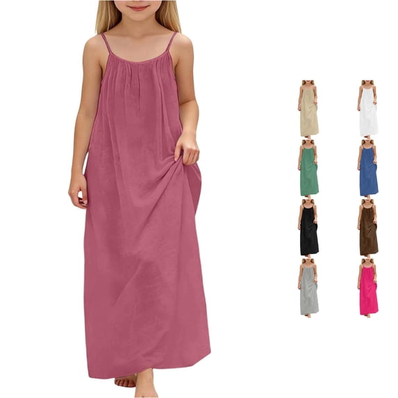 Rhuody Teen Dress For Girls Crewneck Backless Loose Fit Sundress Solid Color Sleeveless Summer Dresses Simple Wear 9-10 Years Brick Red