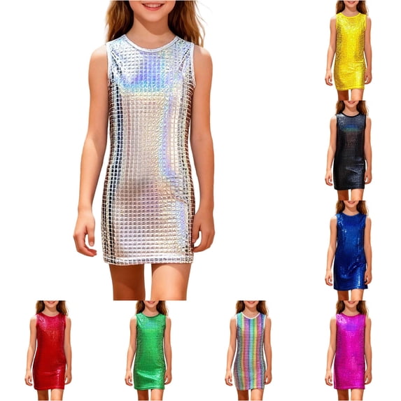 Rhuody Teen Dresses For Girls Sleeveless Sequin Graphic Prints Dresses O Neck Sundress Lovely Clothes 12-13 Years Silver