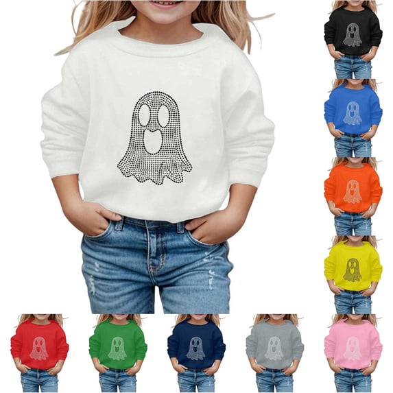 Rhuody Girl Tops Halloween Round Neck Long Sleeve Cartoon Graphic Hallowma Sweatshirt 9-10 Years White