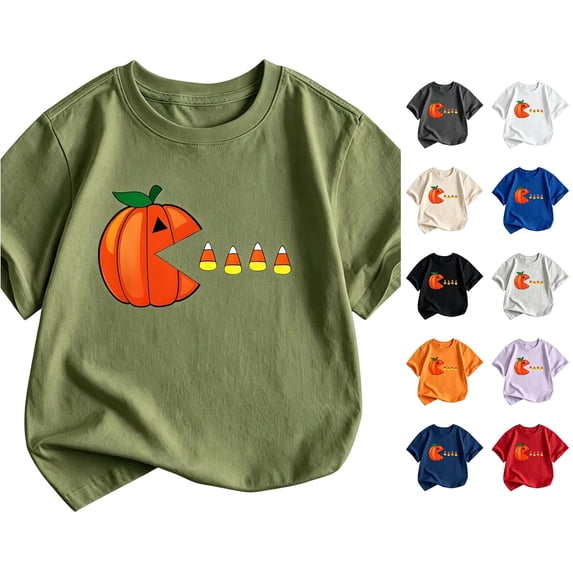 Rhuody Teen Halloween Tops For Boys Round Neck Pumpkin Pattern Short Sleeve Hallowmas Tee Relax Fit T Shirt Big Boys Fashion Clothing Army Green