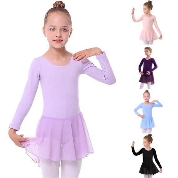 Rhuody Toddler Girl'S Dress Long Sleeve Ballet Leotards Solid Color Crew Neck Dance Dresses Cute Clothes Purple