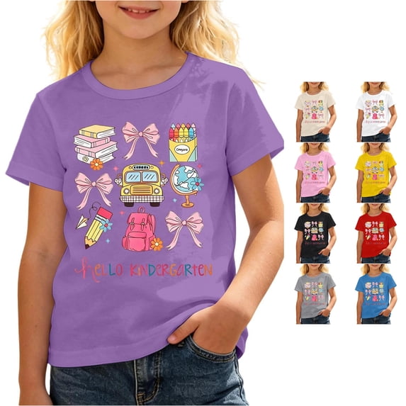 Rhuody Toddler Tops For Girl Back To School Short Sleeve Cartoon Pattern Round Neck Tee 3-4 Years Purple