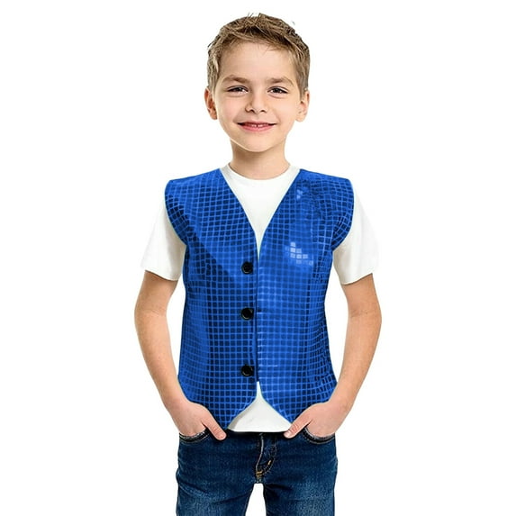 Rhuody Tops For Boy Lapel Sleeveless Vest Coat Square Patchwork Sequin Applique Blouse For Stage Performance And Party Wear Classic Wear Blue 7-8 Years