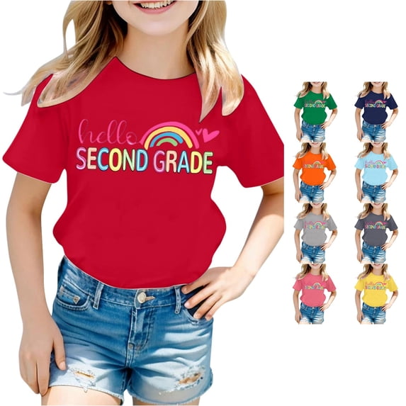 Rhuody Tops For Girl Back To School Short Sleeve O Neck Cartoon Letter Prints Tee 6-7 Years Red