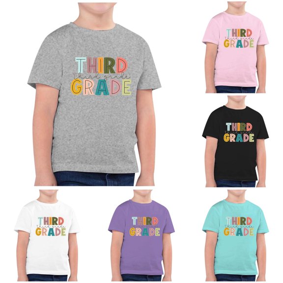 Rhuody Tops For Girls Back To School O Neck Short Sleeve Cartoon Graphic Tee 6-7 Years Grey