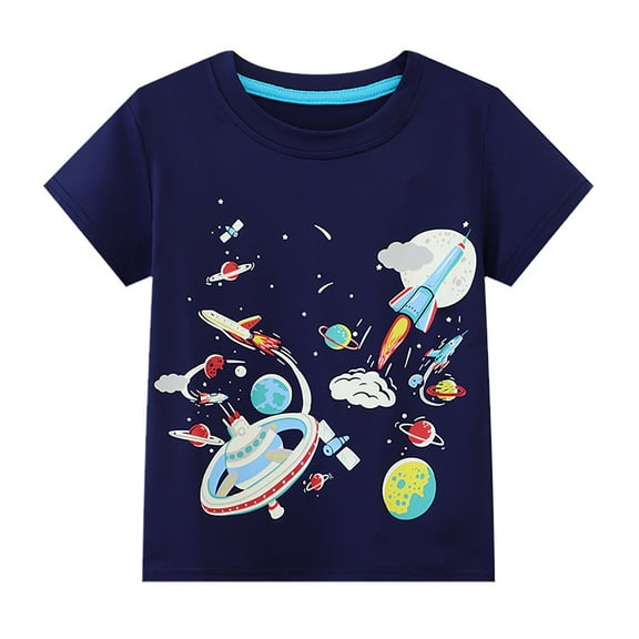 Rhuody Tops For Toddler Boys 3-4 Years Summer Fall Round Neck Short Sleeve Tee Solid Color Cartoon Prints Handsome T Shirt Party Wear Navy
