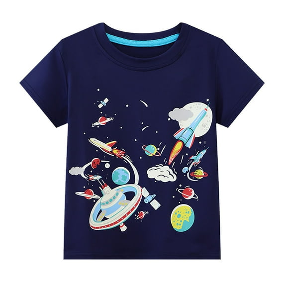 Rhuody Tops For Toddler Boys 3-4 Years Summer Fall Round Neck Short Sleeve Tee Solid Color Cartoon Prints Handsome T Shirt Party Wear Navy