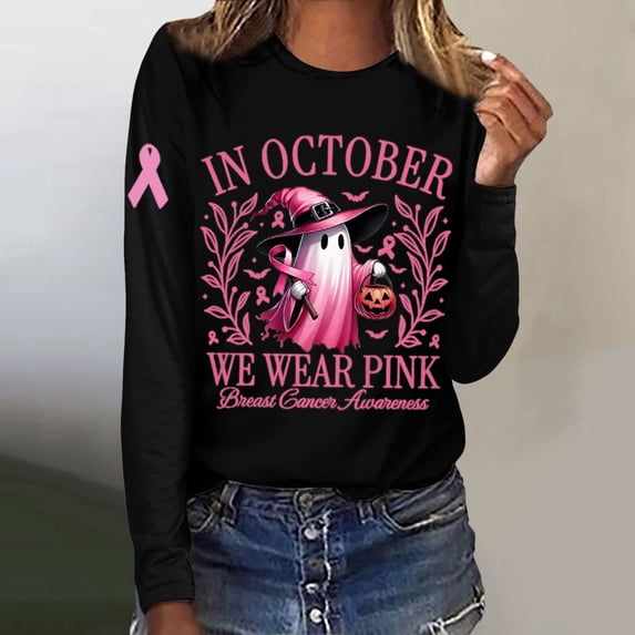 Rhuody Tops For Women In October Wear Halloween Breast Cancer Awareness Long Sleeve T Shirt Women'S Clothing Black