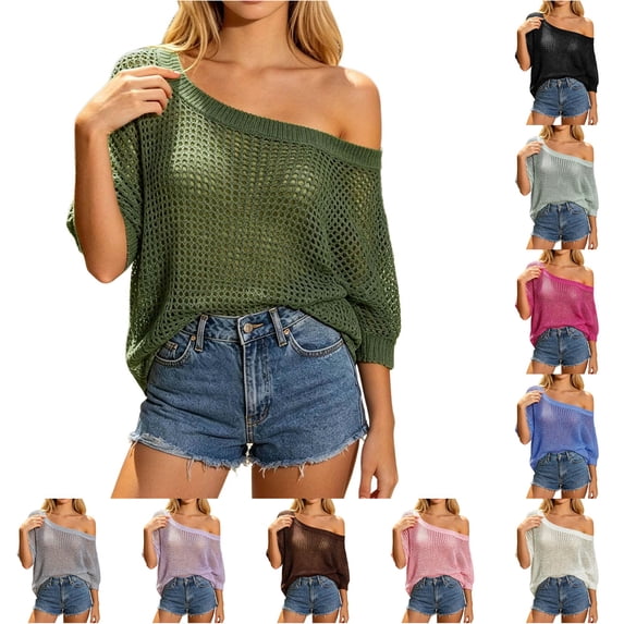 Rhuody Tops For Women Round Neck T Shirt Short Sleeve Solid Color Off Shoulder Hollow Out Loose Fit Tee Handsome Wear M Green