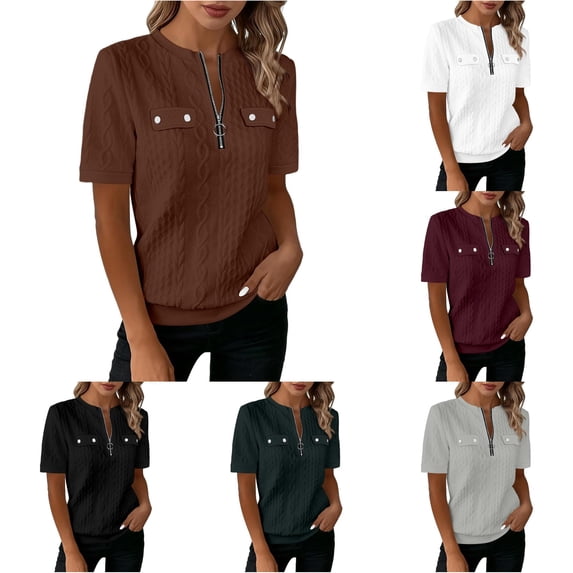 Rhuody Tops For Women Short Sleeve Solid Color Zip Front Crewneck Tee Charm Womens Clothes Coffee