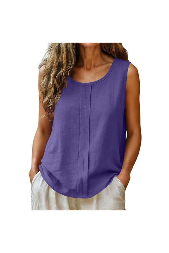 Tops For Women Sleeveless Tee Solid Color Round Neck Tank Top Simple Clothing Purple Xl
