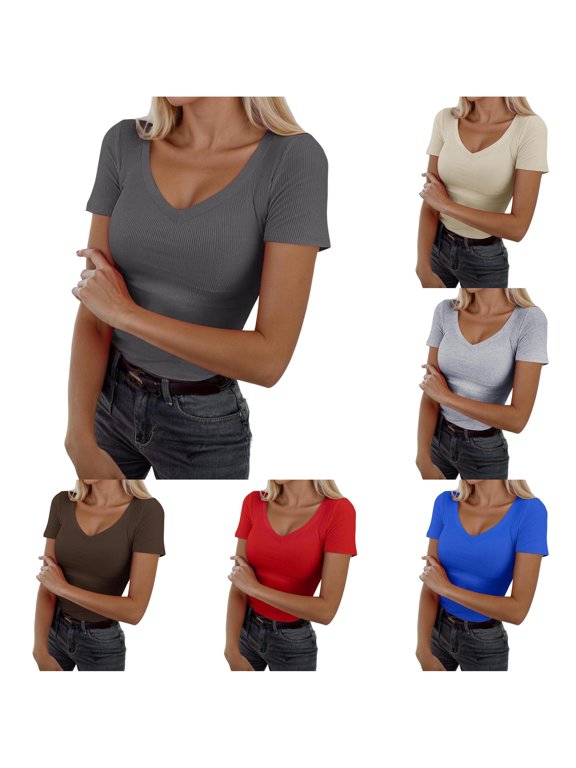 Tops For Women V Neck Short Sleeve T Shirt Structured Shoulder Fit Solid Color Casual Tops Durable Women'S Clothing Grey