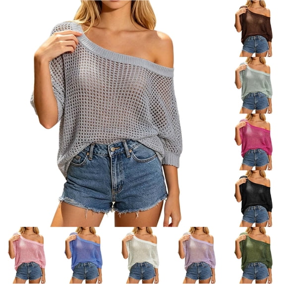 Rhuody Tops For Womens Round Neck T Shirt Short Sleeve Solid Color Off Shoulder Hollow Out Loose Fit Tee Basic Clothes Xl Grey