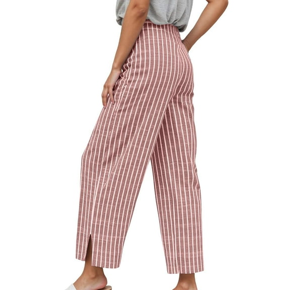 Rhuody Trousers Pants For Women Stylish Striped Loose Fit High Waist Nine Inch Straight Leg Trousers Soft Daily Wear Wine L