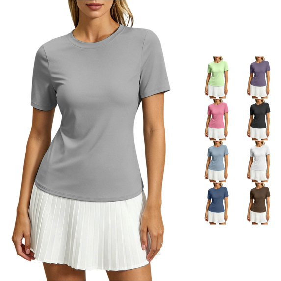 Rhuody Tshirts For Women Open Back Short Sleeve Tops Loose Fit Athletic Crop Tee Gym Running Yoga Shirt Soft Womens Clothes Grey