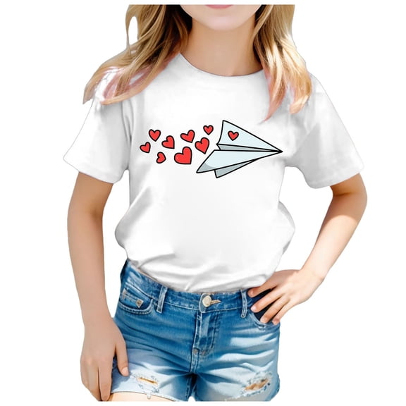 Rhuody Valentine's Day T Shirts For Girl Round Neck Tee Short Sleeve Tops Cartoon Prints Blouse Fashion Wear White 8-9 Years