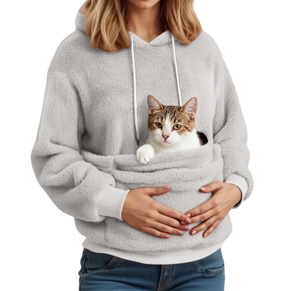 Rhuody Women Cat Pouch Sweatshirt With Kangaroo Pocket Dog Pouch Sweatshirts Pet Carrier Pullover Animal Holder Long Sleeve Crewneck Comfortable Tops S Light Gray
