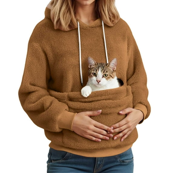 Rhuody Women Cat Pouch Sweatshirt With Kangaroo Pocket Dog Pouch Sweatshirts Pet Carrier Pullover Animal Holder Long Sleeve Crewneck Loose Tops L Brown