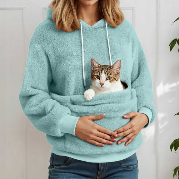 Rhuody Women Cat Pouch Sweatshirt With Kangaroo Pocket Dog Pouch Sweatshirts Pet Carrier Pullover Animal Holder Long Sleeve Crewneck Tops Loose Shirt L Blue