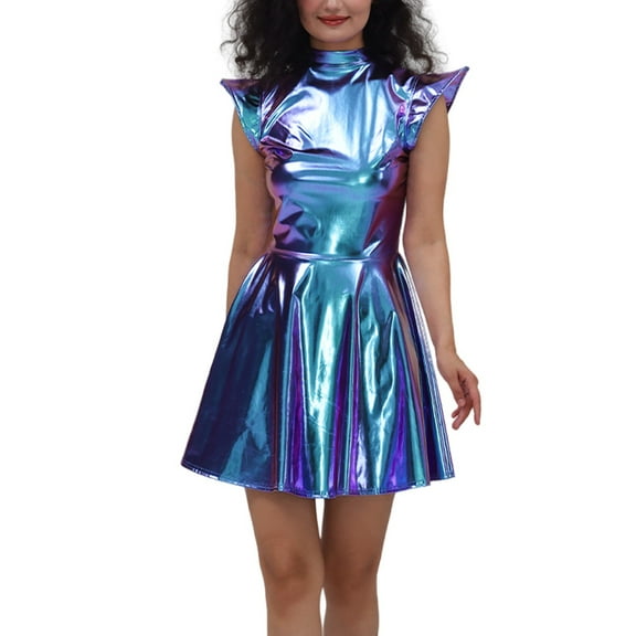 Rhuody Women Dress Sleeveless Sequin Dress Gold Leather Solid Color Pleated Skirt Crewneck Date Wear Fashionable Simple Clothes Blue 2Xl